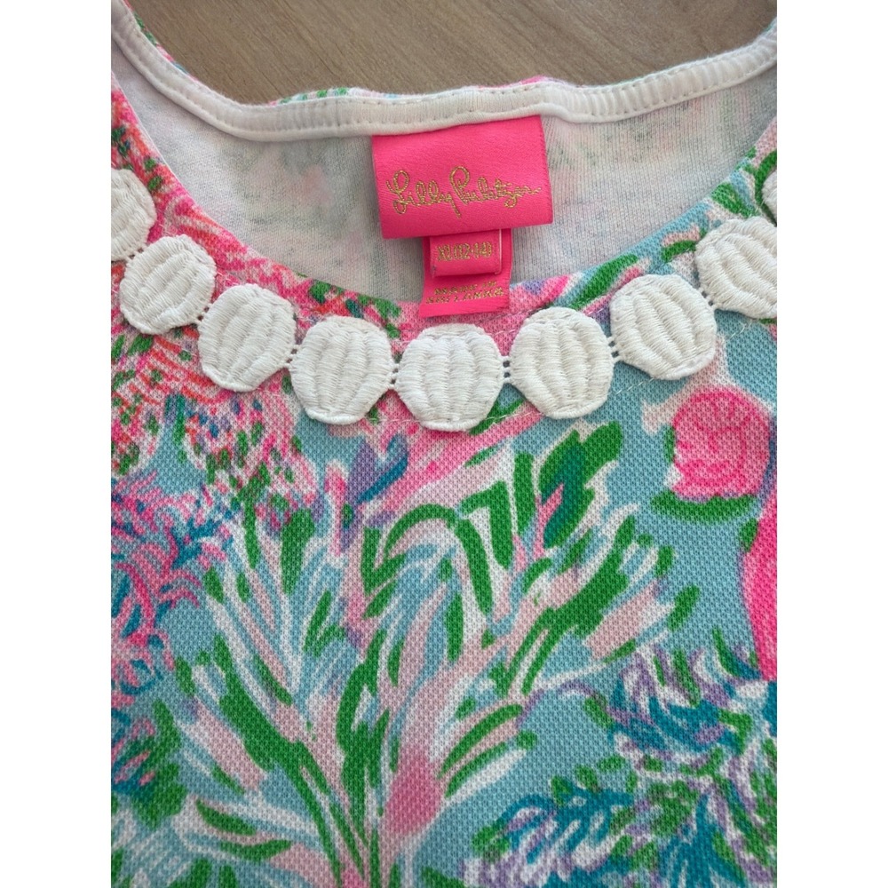 Lilly Pulitzer Girls XL 12-14 Shift Dress Blue Pink Coral Reef Shell Trim Pique - Picture 2 of 7